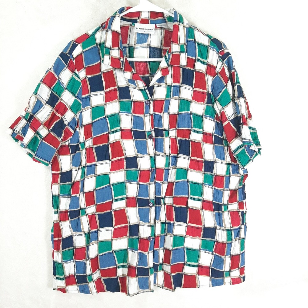 Alfred Dunner Womens Y2K Retro Plaid Geometric Button Up Shirt Multi Color Sz 18